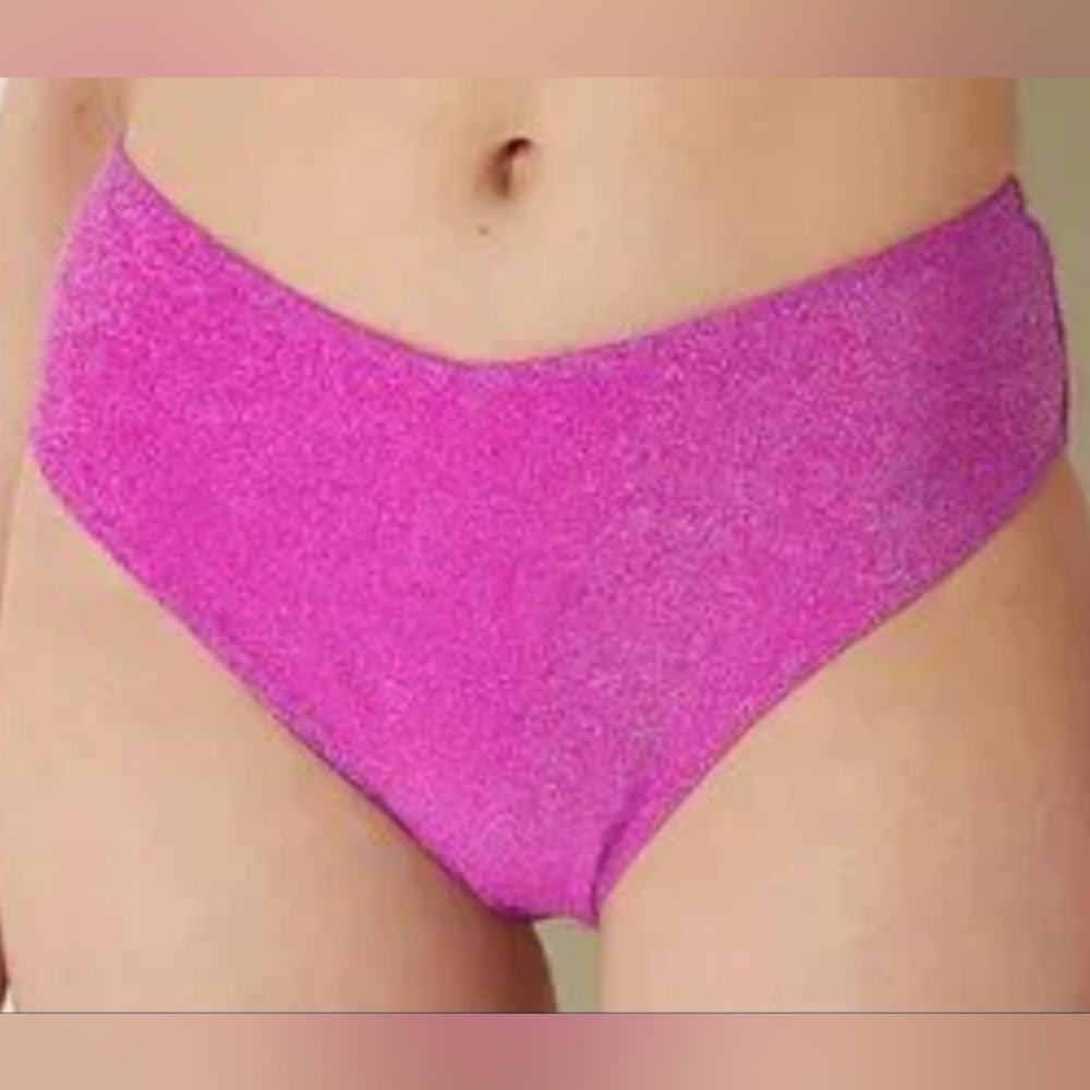 XS M PINK Swim Shimmer High Waist Cheeky Bikini Bottom - Picture 5 of 7
